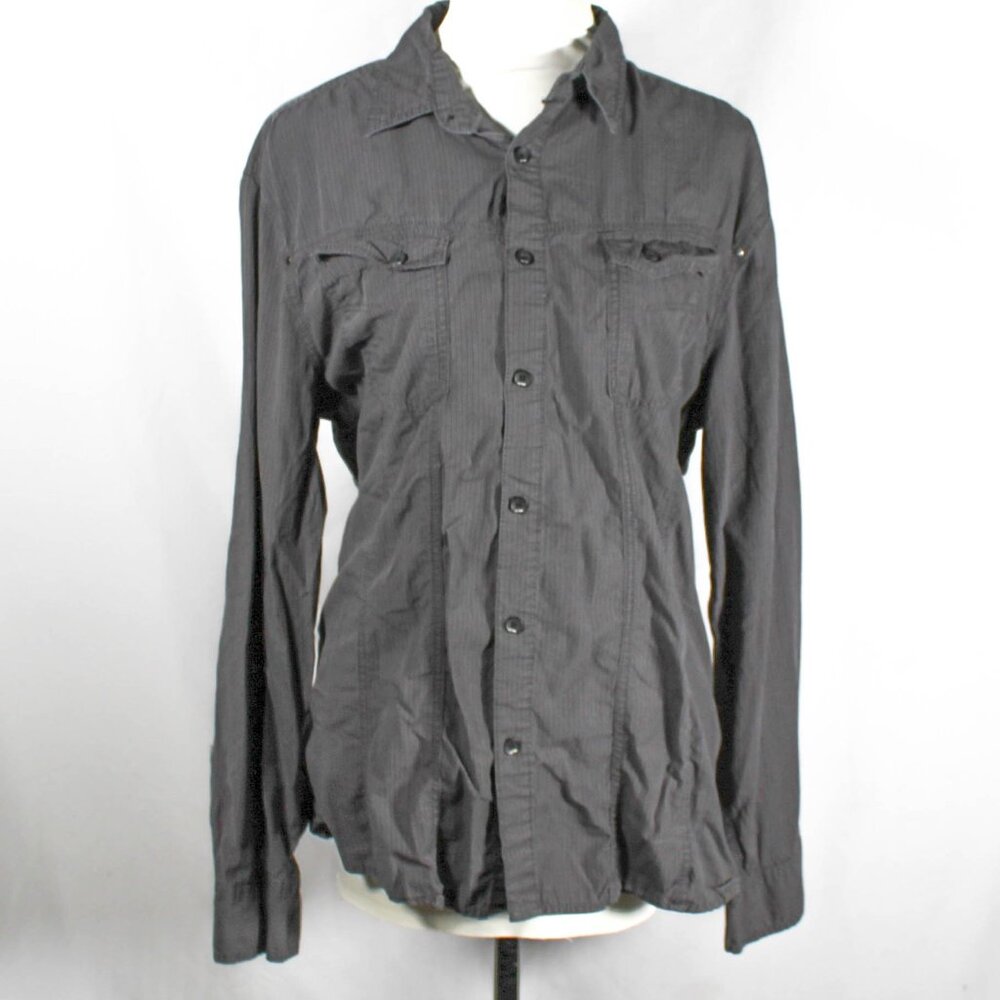 Vintage Y2K 2000s Emo Gothic Gray Long Sleeve Button Down Shirt Black Pinstripe